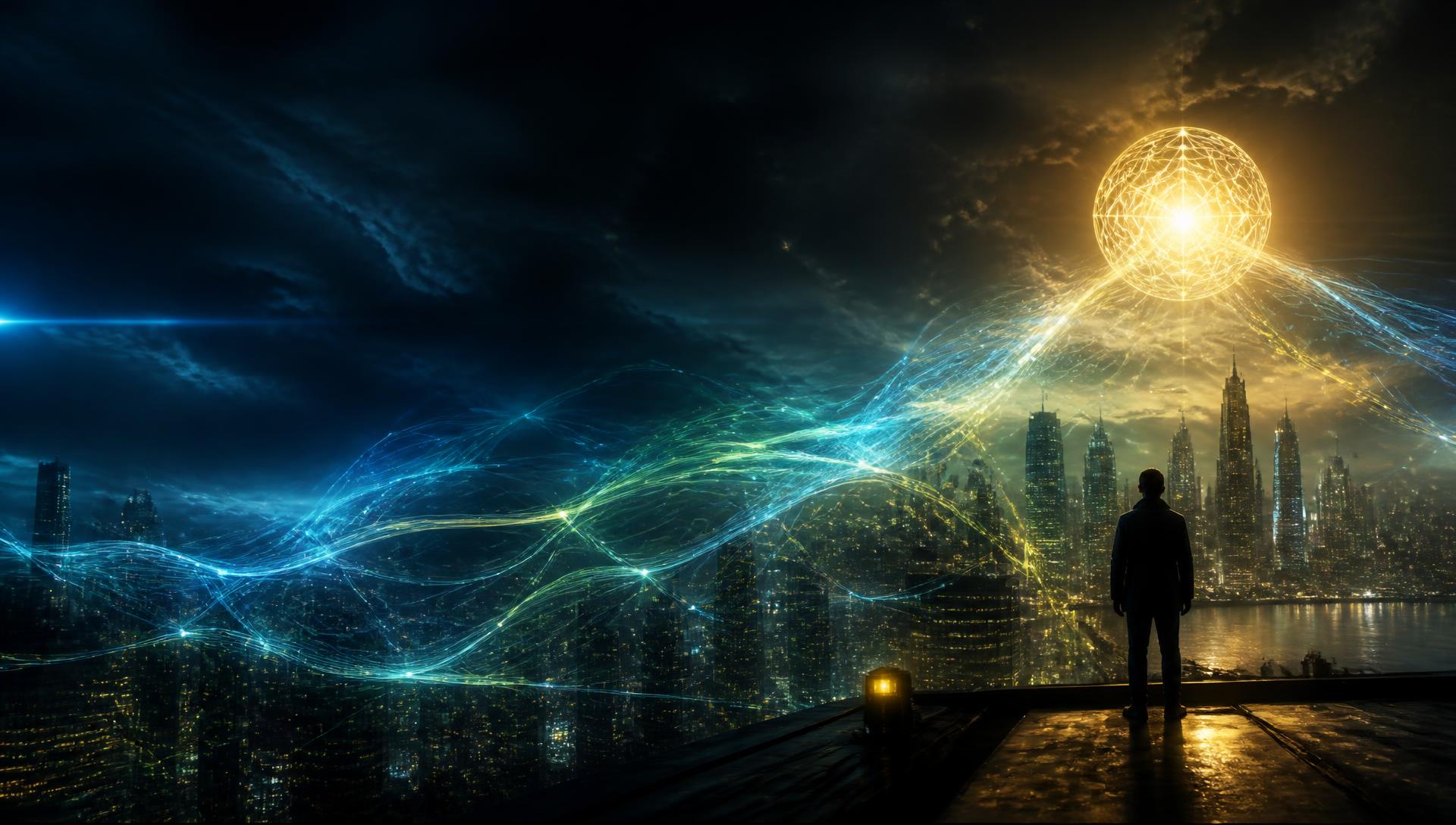 Nauvoo ASI cinematic key art: a figure on a rooftop as blue, yellow and green signal waves sweep across a night city toward a luminous network orb