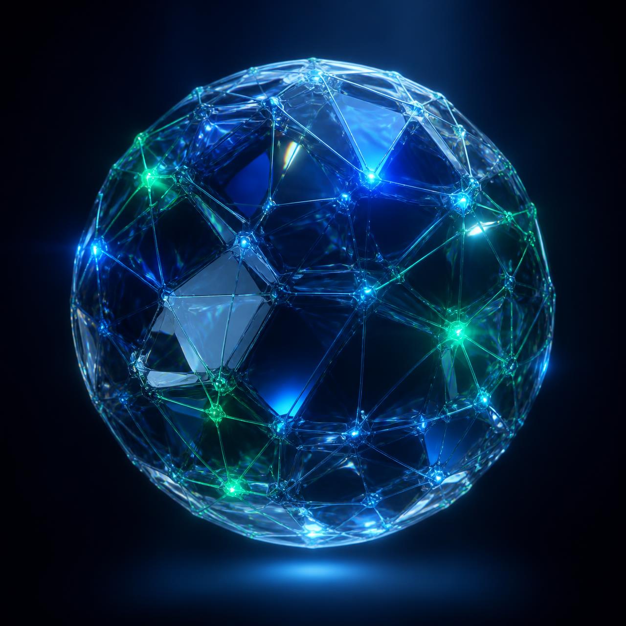 The Nauvoo network orb: a faceted glass sphere threaded with blue and green network links